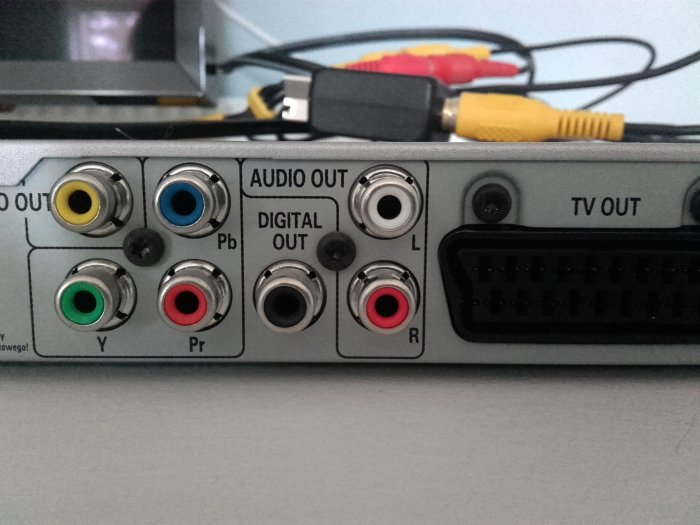 Bakpanel av en DVD-spelare med olika audio- och videoanslutningar includerande komponent och komposituttag.