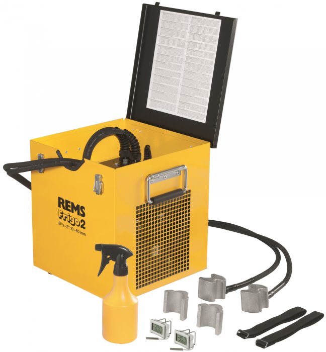 Rörfrystningsmaskin REMS Frigo 2 med tillbehör och sprayflaska för installation och underhåll av rörledningar.
