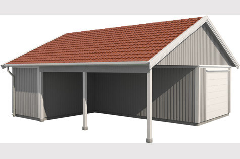 Illustration av en kombinerad byggnad med garage, förråd och carport under ett rött sadeltak.