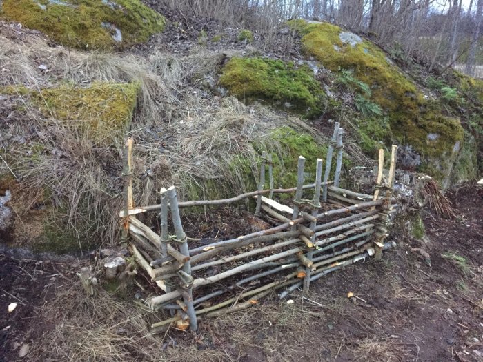 Hemmagjord kompost av pinnar och vidjor med två fack mot en naturlig grön mossig bakgrund.