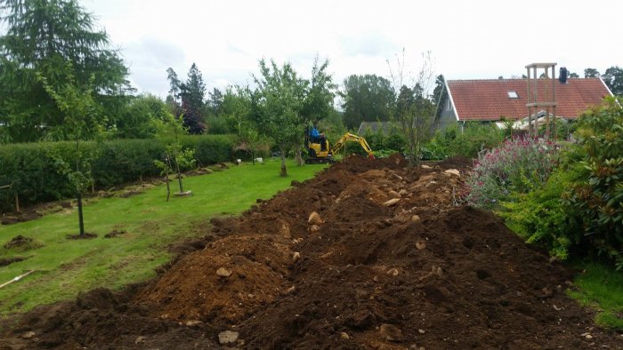 Trädgårdsomvandling med grävmaskin och högar av jord för anläggning av biträdgård.