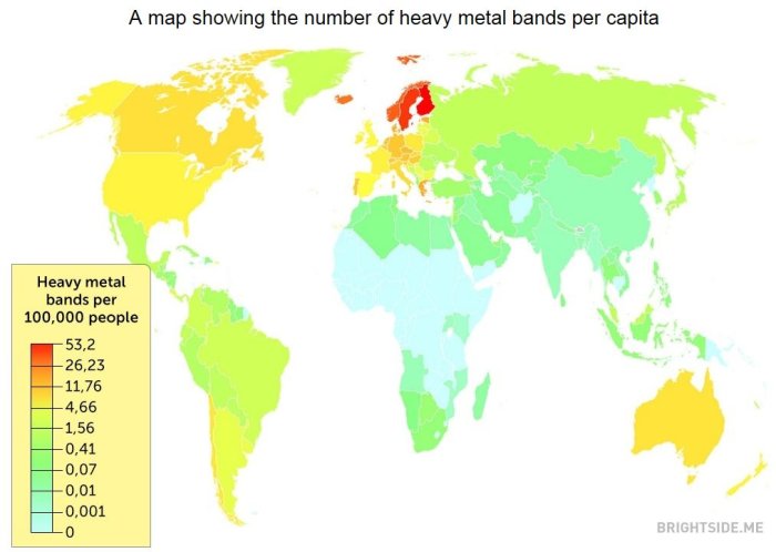 Världskarta som visar antalet heavy metal-band per capita med en färgskala.