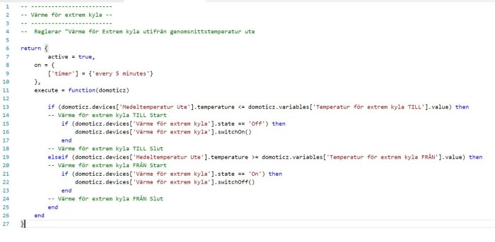 Skärmbild av ett programmeringsskript i dzVents som styr uppvärmning baserat på utetemperatur.