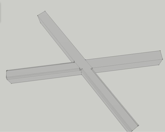 CAD-ritning av träbjälkar som möts i en oklar vinkel för diskussion om S-profil lösningar.