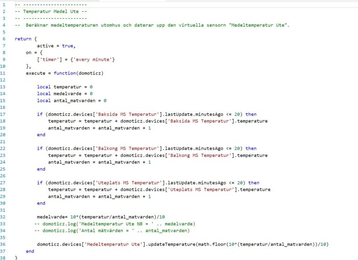 Skärmdump av kod för medeltemperaturberäkning med dzVents i domoticz för multisensorer.