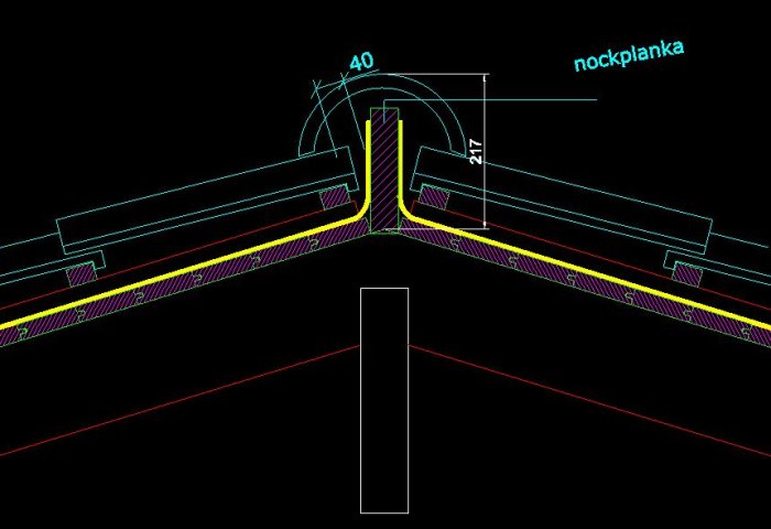 Redigerad CAD-ritning av en takkonstruktion med en lutning på 17 grader och måttangivelser för olika byggmaterial.