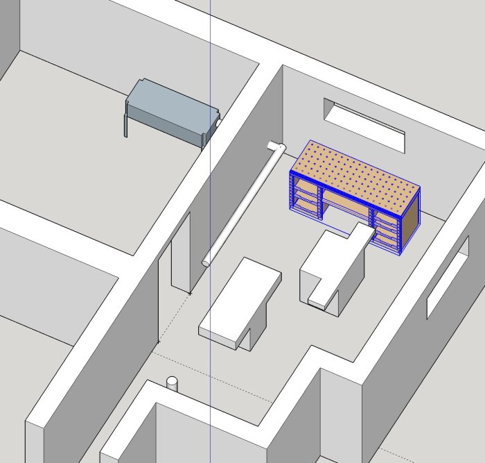 Skalenlig sketchup-ritning av en planerad verkstad med maskiner och spånsugssystem.