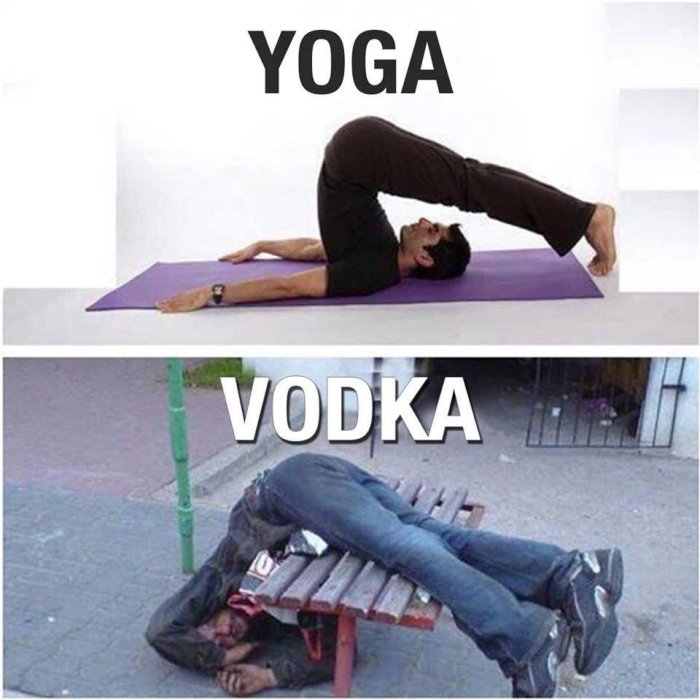 Person som gör en yoga-pose ovanpå och person sovande under en parkbänk kopierar posen, texter "YOGA" och "VODKA".