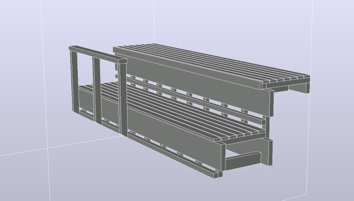 3D-skiss av bastulavar designade för friggebod utan stödben, avsedda att spänna 2800mm.