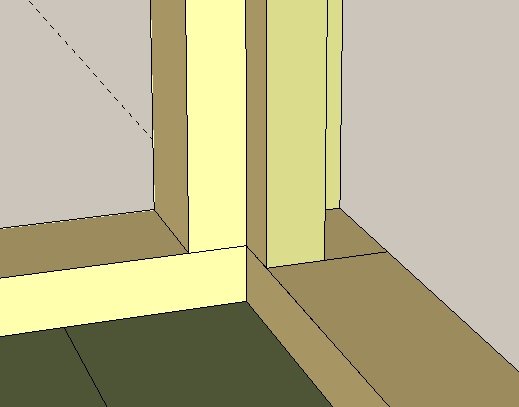 3D-modell av ett hörn i ett rum med golv och två väggar som visar konstruktionens insida.