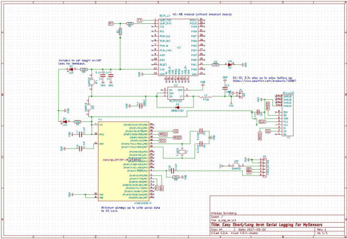 Elektroniskt kretsschema för en seriell datalogger för MySensors-projektet.