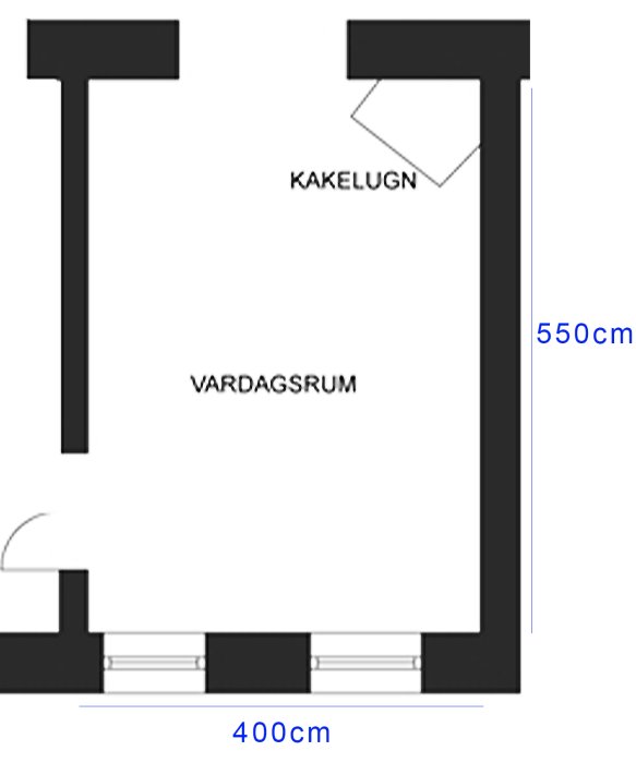 Skiss över vardagsrum på 400x550 cm med markerad kakelugn och dimensioner.