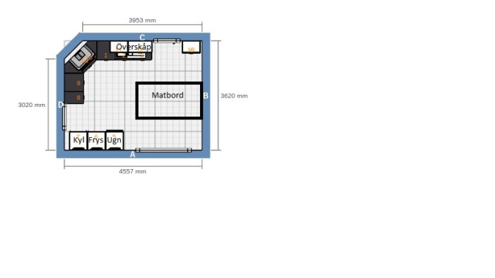 Planritning av ett kök med betecknad placering för kyl, frys, ugn, matbord och överskåp, utan skalenlig fläkt och bord.