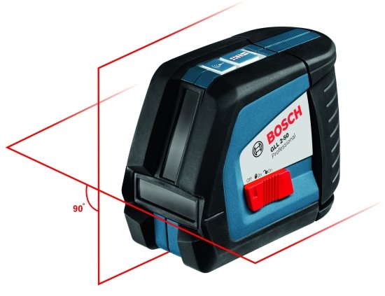 Bosch krysslaser med röda, projicerade linjer mot vit bakgrund, visar en vertikal och en horisontell linje.