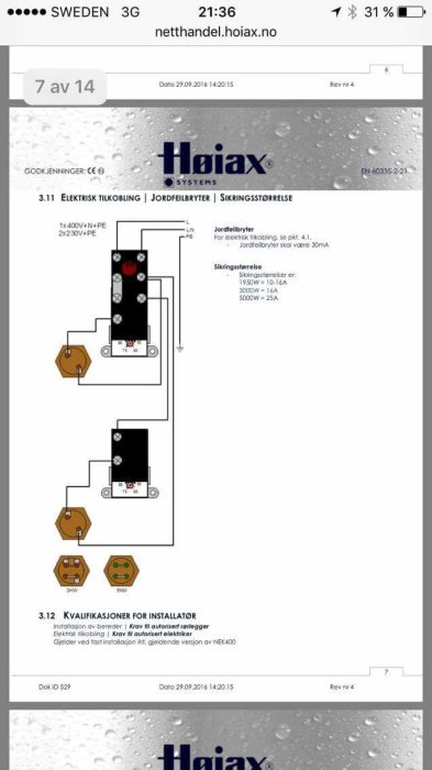 El-schema för elektrisk installation med jordfelsbrytare och säkerhetsanvisningar.