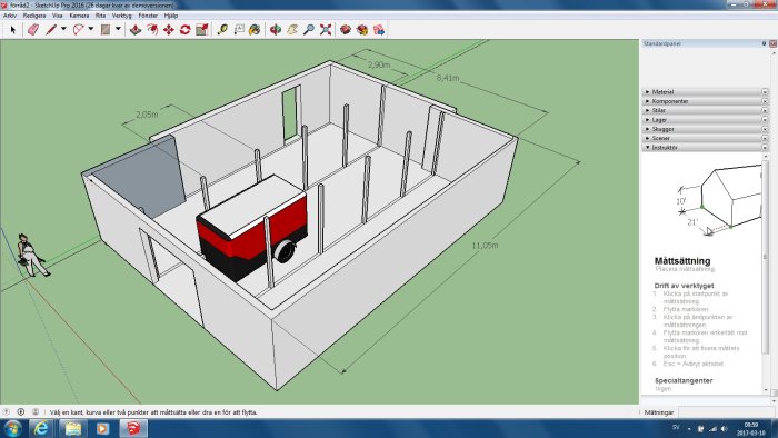 3D-modell i SketchUp av ett rum med mått och en figur.