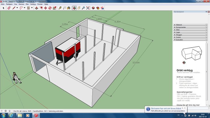 3D-modell av ett köksutrymme med måttmarkeringar i SketchUp programvara.