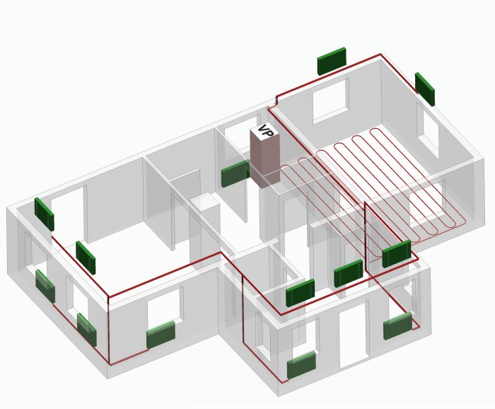 3D-schema över hus med rördragning för radiatorer och golvvärme i tvättstuga.