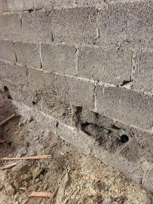 Skadad betonghålstenmur med synlig fukt och erosion samt hål, några träbitar på marken framför muren.