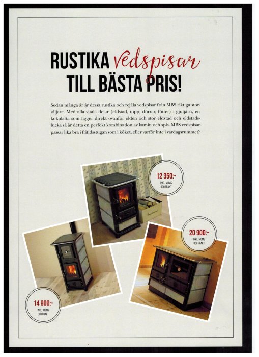 Reklamblad med tre olika modeller av rustika vedspisar med priser och varumärket MBS synligt.