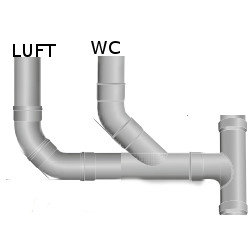 Illustration av rörinstallation för toalett med markerade luft- och WC-anslutningar.