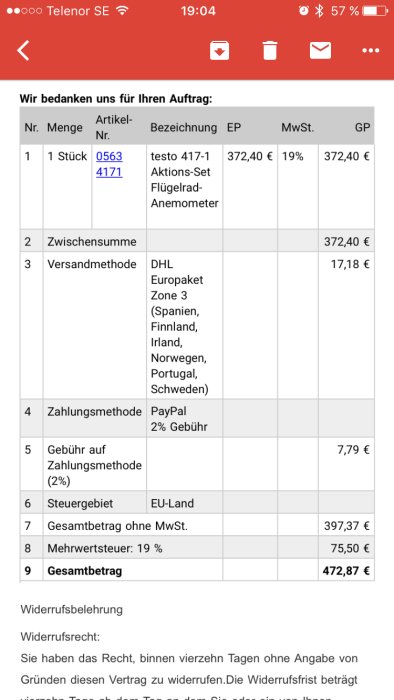 Skärmdump av en faktura på tyska med detaljer om en beställning, frakt- och betalningsinformation samt totalbelopp.