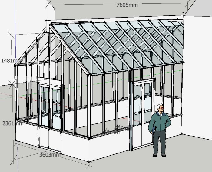 CAD-ritning av ett växthus med dimensioner, inklusive en illustrerad person för skala.