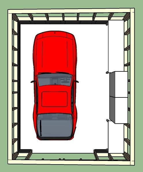 Illustration av en röd bil parkerad inuti en garagebyggnad, visar utrymmet runtomkring.