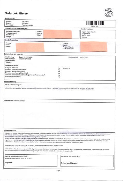 Svensk orderbekräftelse, serviceavtal för Galaxy J3, reklamation, garantiinformation, kunduppgifter dolda, dokument från 2017.