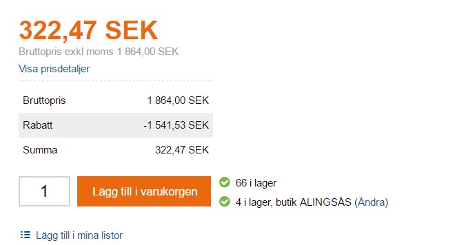 Prisexempel med rabatt som visar slutsumman 322,47 SEK, lagerstatus och knapp för att lägga till i varukorgen.