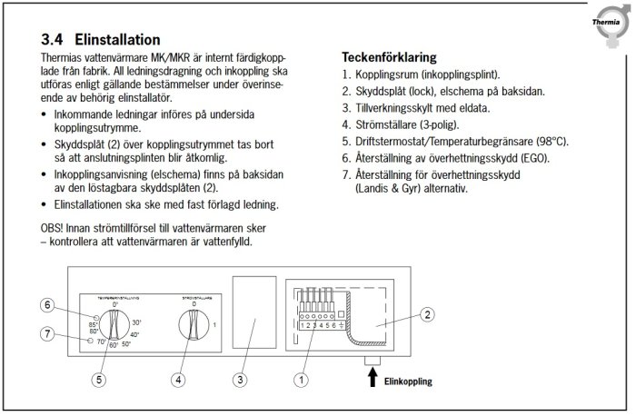 Installationsinstruktion och diagram för en varmvattenberedare med temperaturinställning och återställningsknapp.