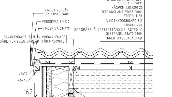 Sektionsritning av husvägg och tak med angivelser av material och mått, teknisk illustration.