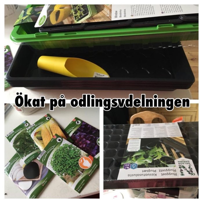 Odlingstillbehör och fröpåsar för grönsaker på ett bord, redo för sådd under odlingsäsongen.