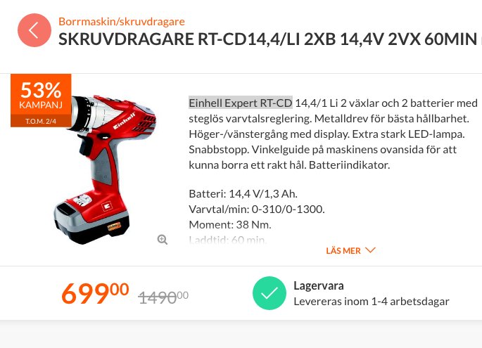 Röd och svart Einhell skruvdragare RT-CD14,4/Li på erbjudande för 699,00 kr, reducerat från 1499,00 kr.