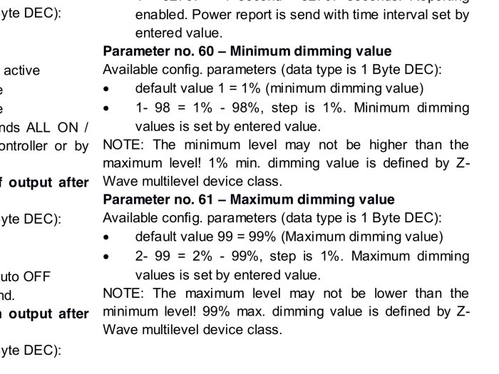 Bild på dokumentation som förklarar parameter 60 och 61 för minsta och största dimmervärden i en belysningsenhet.