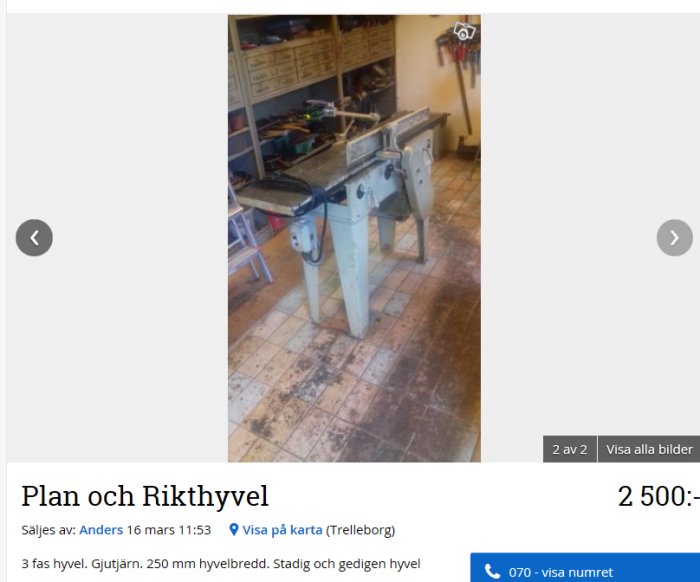 Stenbergshyvel i en verkstad utan synlig planhyveltillsats.