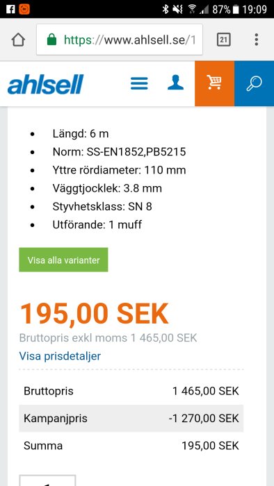 Skärmdump från Ahlsell webbsida med produktinformation och pris för rör, kampanjrabatt applicerad.