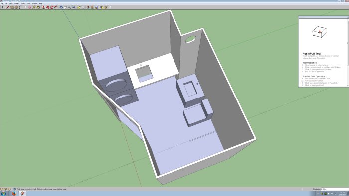 3D-skiss av badrumsplanlösning med toalett, dusch, tvättmaskin och handfat.