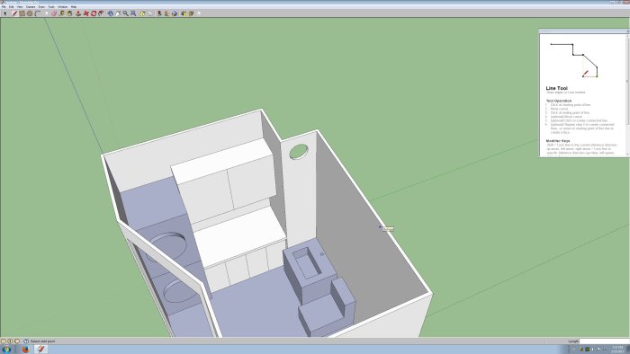 3D-ritning av ett badrum med dusch, toalett och tvättmaskin/torktumlare uppställda.