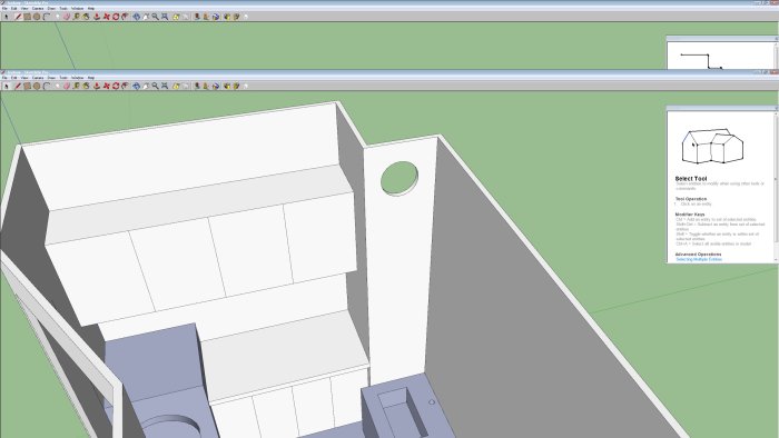 3D-modell av ett badrum med toalett, dusch och plats för tvättmaskin/torktumlare, i planeringsfas.