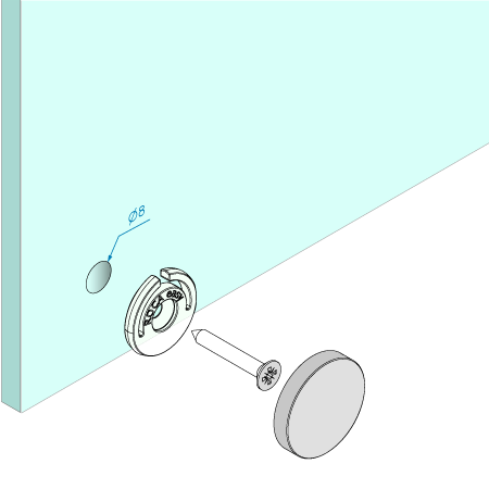 Illustration av ett punktfäste med dess komponenter framför en glaspanel.