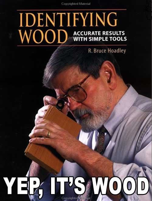 Bokomslag, man luktar på trä, titel "Identifying Wood", ironisk text "Yep, It's Wood".