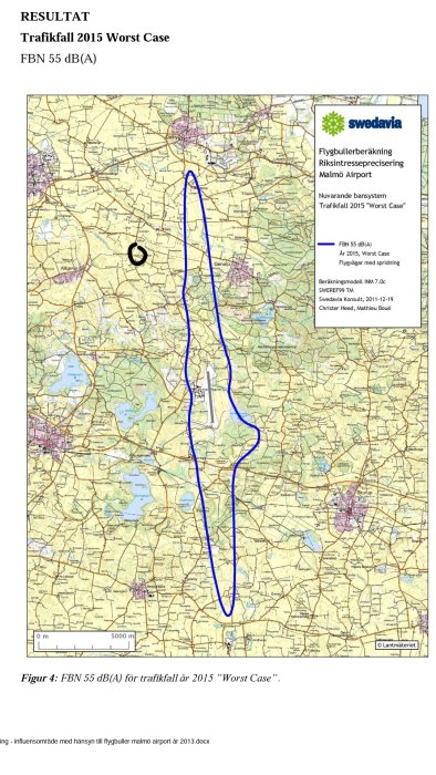Karta med markerat område i blått för trafikfall "Worst Case" vid Malmö Airport år 2015.