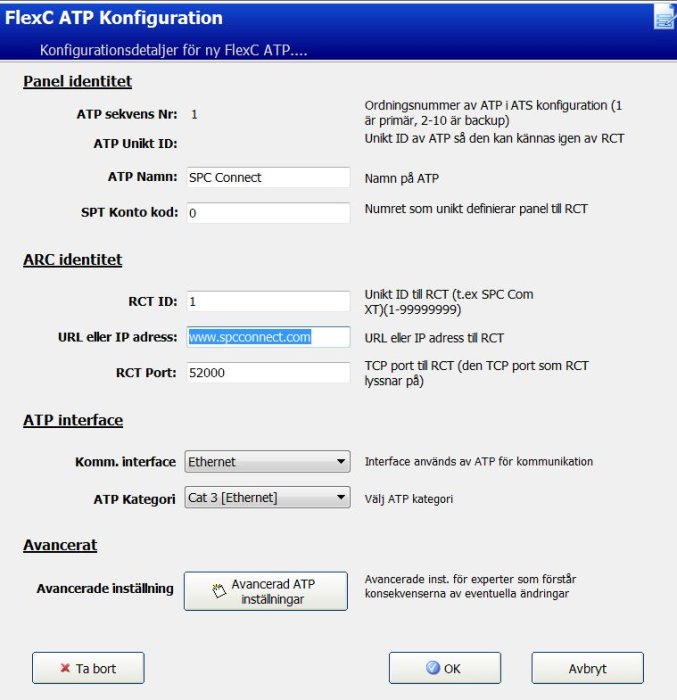 Skärmdump av FlexC ATP Konfigurationsinställningar med fokus på SPC Connect URL och avancerade ATP-inställningar.