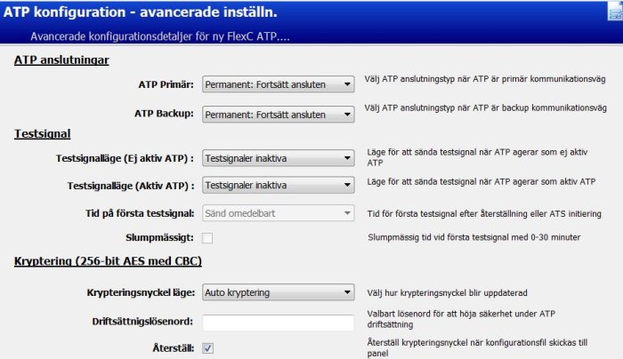 Skärmdump av avancerade ATP-konfigurationsinställningar för nätverkssäkerhetssystem.