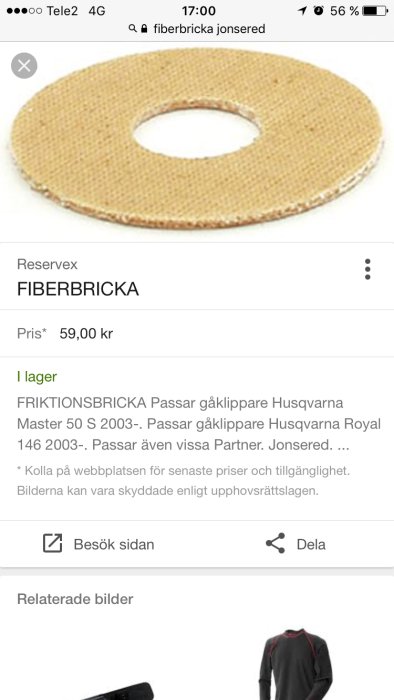 Brun fiberbricka för gräsklippare på vit bakgrund, visas i ett online-shoppinggränssnitt.