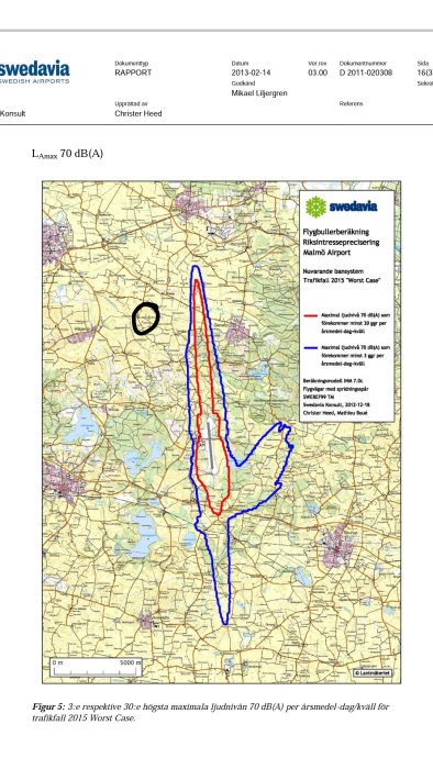 Karta som visar flygbullerberäkning med markerade bullernivåer runt Malmö Airport.