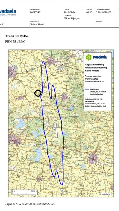 Karta som visar flygbullerberäkning och framtida bana vid Malmö Airport med markerade bullernivåer.