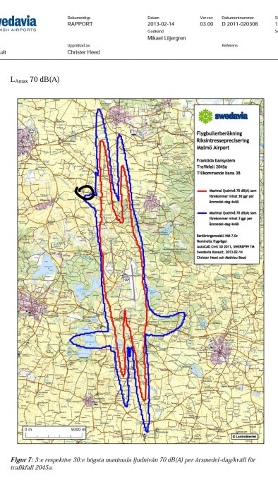 Karta med beräknade bullernivåer kring flygplats, röda och blå linjer markerar zoner för högsta ljudnivån.