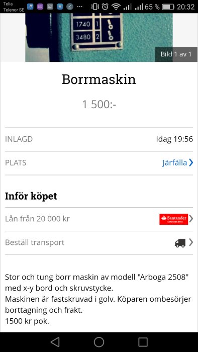 Skärmbild av en annons för en begagnad Arboga 2508 borrmaskin med koordinatbord till salu.